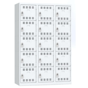 Vestiaire multicases 15 cases, gris clair, vue de face, rangement sécurisé, idéal pour bureaux et ateliers.