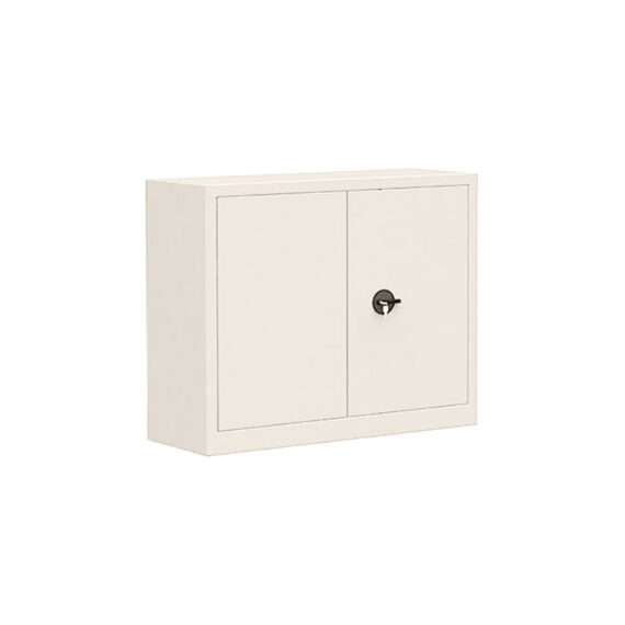 Armoire vestiaire métallique beige, 2 portes, vue de côté, compacte pour bureau ou atelier.