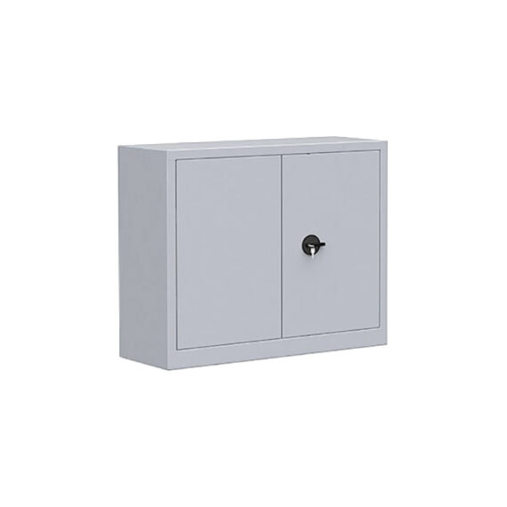 Armoire à clés murale grise, double porte, compacte, idéale pour bureaux, vue de face.