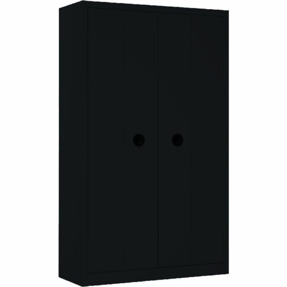 Armoire métallique noire, 2 portes, vue de face, idéale pour rangement bureau ou atelier.