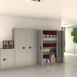 Armoire à portes pliantes premium H198 L120 avec étagères remplies de dossiers et d'accessoires.