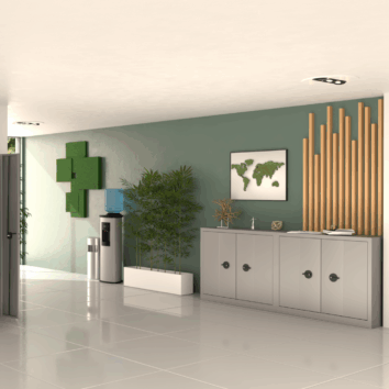 Armoire avec portes pliantes Premium H100 L120 dans un intérieur moderne, sol carrelé et plantes vertes.