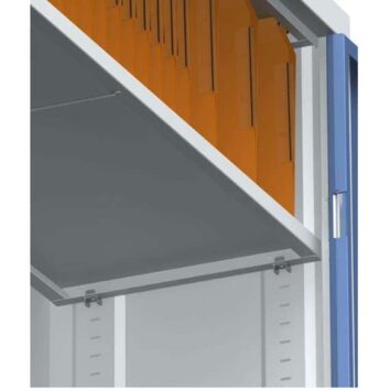 Armoire à rideau métallique, 3 étagères ajustables, acier bleu/gris, vue intérieure détail dossiers suspendus.