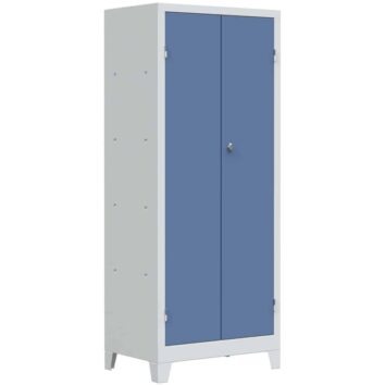 Armoire d'atelier sur pieds, double porte bleue, structure grise, vue de face.