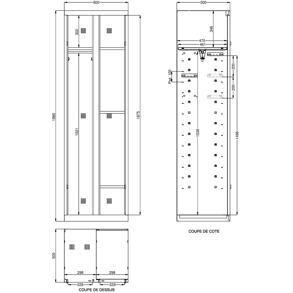 Toutes le dimensions utiles du vestiaire multiservices tout rangement