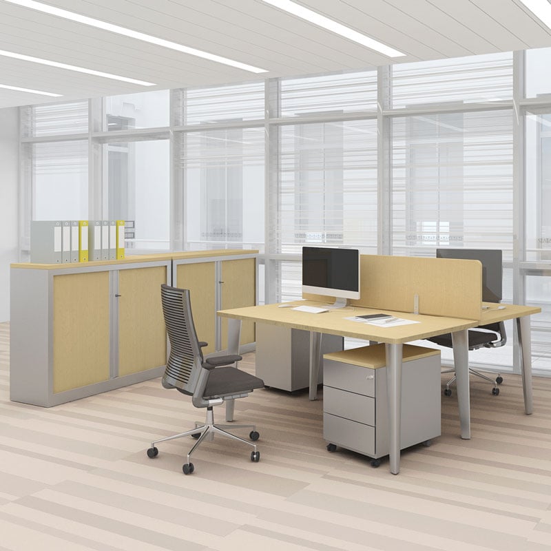 bureau bench droit hetre avec caisson mobile et armoire basse