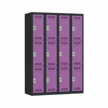 Vestiaire multicases PREMIUM 12 casiers, largeur 120 cm, hauteur 1800 mm, profondeur 500 mm, avec plaque de propreté, porte-étiquette, et aérations.