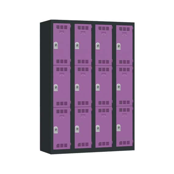 Vestiaire multicases PREMIUM 12 casiers, largeur 120 cm, hauteur 1800 mm, profondeur 500 mm, avec plaque de propreté, porte-étiquette, et aérations.