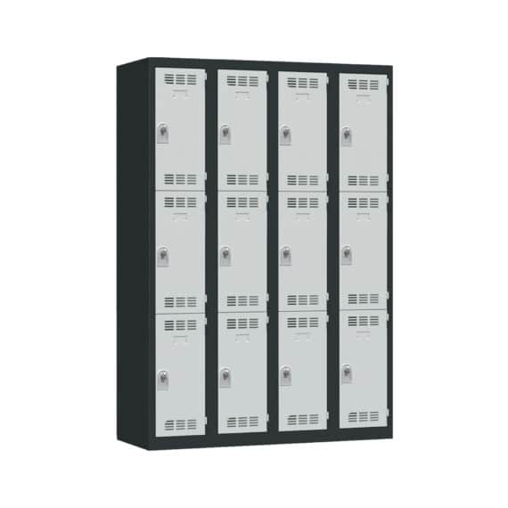 Vestiaire multicases PREMIUM 12 casiers, 120 cm de large. Équipé de plaques de propreté, butées anti-bruit, porte-étiquettes et aérations.