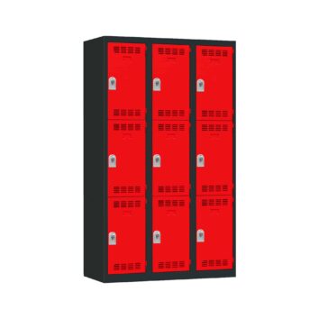 Vestiaire Multicases PREMIUM avec 9 casiers, largeur 120 cm, plaque de propreté, butée anti-bruit, porte-étiquette, aérations, résistant à l'effraction.