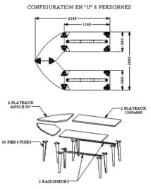 Configuration table de réunion en U pour 8 personnes, dimensions 2560x2000mm, vue schématique.