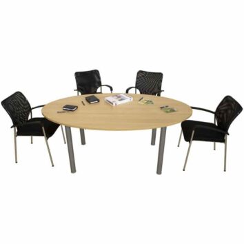 Table réunion elliptique 6 places, 180 cm, aluminium et chêne clair, vue frontale.