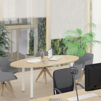 Table de réunion elliptique 6 places, longueur 180 cm, coloris blanc érable, vue intérieure.