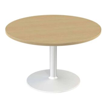 Table ronde de réunion 4 places, piètement central blanc, plateau chêne clair, design élégant.