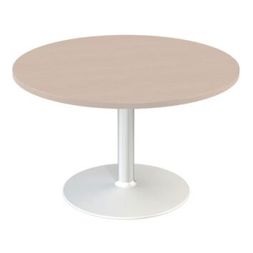 Table de réunion ronde 4 places, plateau érable, pied central blanc, vue de profil.