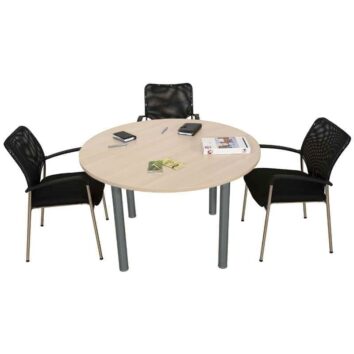 Table de réunion ronde 4 places, pieds en tube aluminium, finition érable, vue d'ensemble.