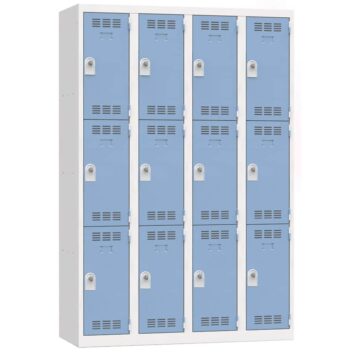 Vestiaire multicases, 12 cases, bleu, moraillon, 120 cm largeur, vue de face.
