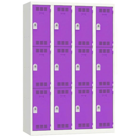 Vestiaire multicases 12 cases, couleur prune, largeur 120 cm, portes verrouillables.