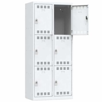 Vestiaire multicases 6 cases, largeur 800mm, gris clair, porte ouverte, vue de face.