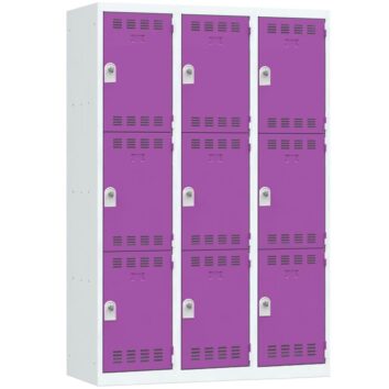 Vestiaire multicases 9 portes, largeur 1200 mm, couleur violet, vue de trois quarts gauche.