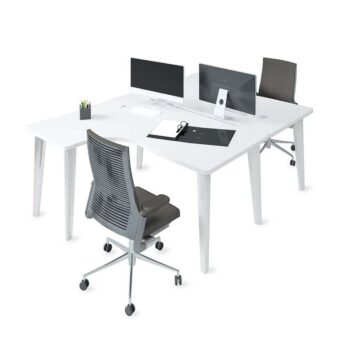 Bureau asymétrique blanc, deux postes, vue de dessus, design moderne, idéal pour espaces de travail collaboratifs.