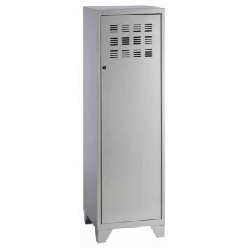 Casier métallique gris avec pieds, 133 cm de hauteur, ventilation frontale, idéal pour vestiaire.