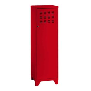Casier en métal rouge avec pieds, hauteur 133 cm, porte à grilles, vue de face.