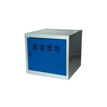 Casier cube aluminium bleu, compact, idéal pour vestiaires, rangement sécurisé, vue de face.
