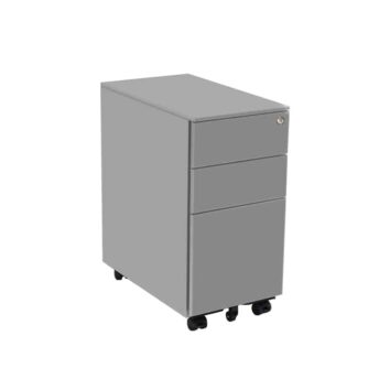 Caisson roulant Slim 21 en aluminium, trois tiroirs, vue de trois quarts, couleur grise.