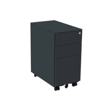 Caisson de bureau slim 21 anthracite, avec tiroirs, sur roulettes, vue de trois-quarts.