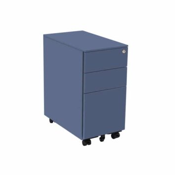 Mini-caisson de rangement bleu, trois tiroirs sur roulettes, vue angulaire, modèle Slim 21.