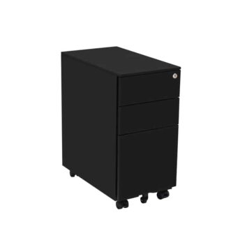 Caisson mobile noir, 3 tiroirs, serrure intégrée, angle de vue côté droit, idéal bureau.