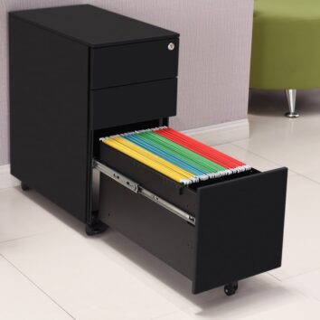 Caisson mobile noir avec dossiers suspendus, 2 tiroirs, format slim, bureau moderne.