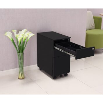 Caisson de bureau slim 21 noir, 2 tiroirs, sur roulettes, en situation dans un intérieur moderne.