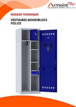 Vestiaire monobloc de police à 1 case, porte bleue avec étagères et espace penderie.