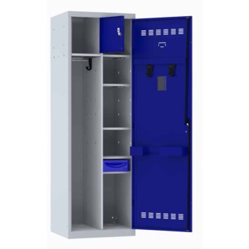 Vestiaire police ouvert, 1 porte, étagères gris et bleu, dimensions adaptées, vue avant.