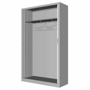 Armoire vestiaire en acier, avec tablette et penderie intégrée. Couleur grise, vue de face.