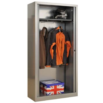 Armoire vestiaire métallique L1000 avec tablette et penderie, couleur grise, vue de face.