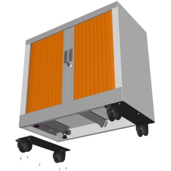 Kit roulettes spécial pour armoire métallique à portes coulissantes, coloris orange, vue éclatée.