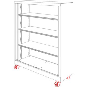 Armoire mobile sur roulettes avec étagères ajustables, structure métallique blanche, vue en perspective.