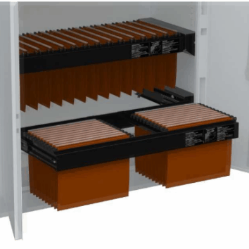 Armoire de classement sécurisée, blanc, avec dossiers suspendus, vue ouverte.