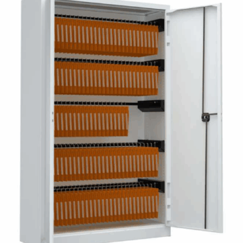 Armoire à dossiers suspendus, blanche, 4 étagères, porte ouverte, vue de face.