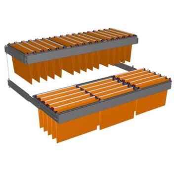 Rangement suspendu pour dossiers, couleur orange, avec séparation, vue latérale.