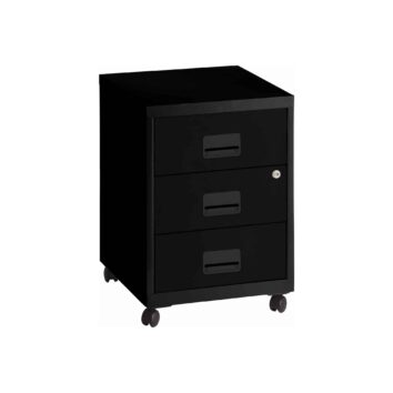 Caisson mobile noir de 57 cm avec 3 tiroirs, idéal pour organiser vos documents. Design moderne et pratique pour tout espace de bureau.