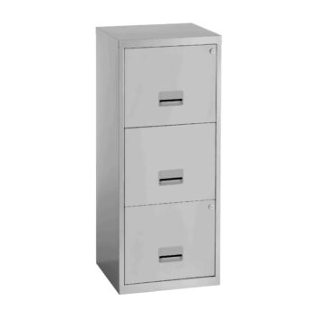 Classeur gris pour dossiers suspendus, 3 tiroirs, 96 cm de haut, serrure à 2 clés, revêtement résistant aux rayures. Dimensions : 40x40x96 cm. Garanti 2 ans.