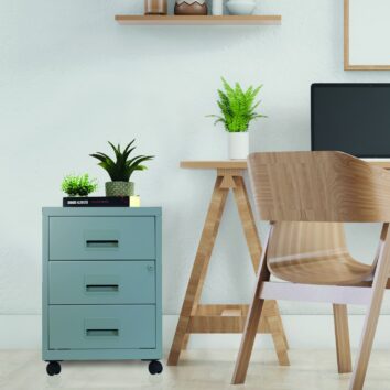 Caisson mobile à tiroirs Soho 57 cm en aluminium, trois tiroirs. Idéal pour un bureau moderne et organisé.