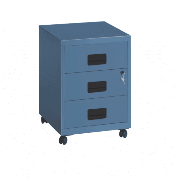 Caisson mobile bleu à 3 tiroirs, modèle Soho 57 cm, avec roulettes et serrure, idéal pour le bureau.