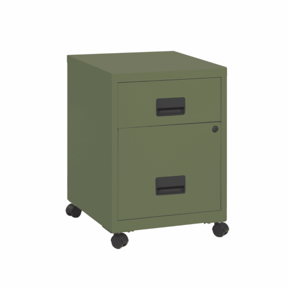 Caisson mobile à tiroirs SOHO kaki, 57 cm, avec 2 tiroirs. Idéal pour le rangement de bureau.