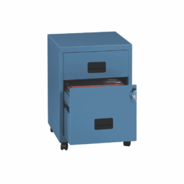 Caisson mobile à tiroirs SOHO 57 cm, bleu, avec deux tiroirs ouverts, sur roulettes pour bureau.