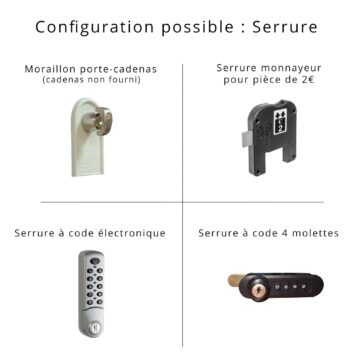 Configurations de serrure pour vestiaire multicases visitable H198, incluant cadenas, monnayeur, code électronique, et à molettes.